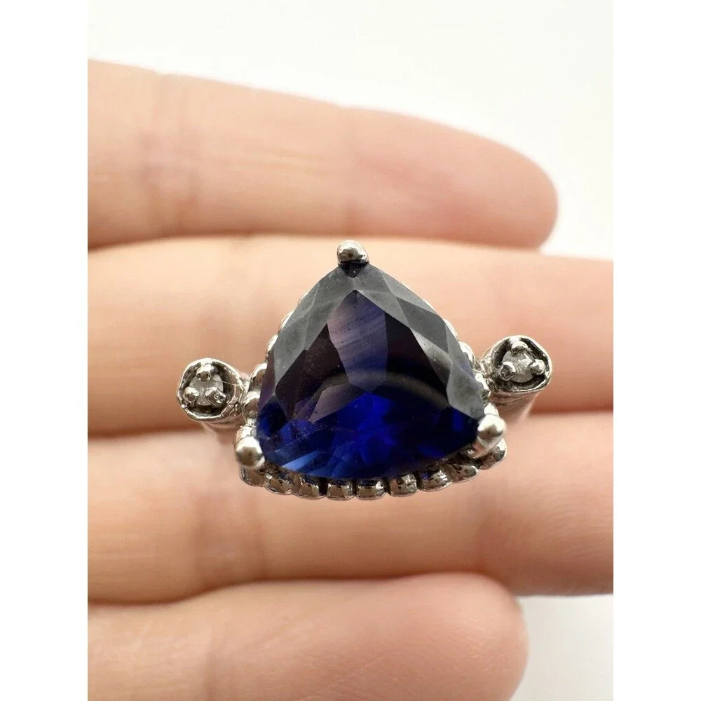 925 Sterling Silver Trillion Cut Blue Topaz Diamond Ring Size 6